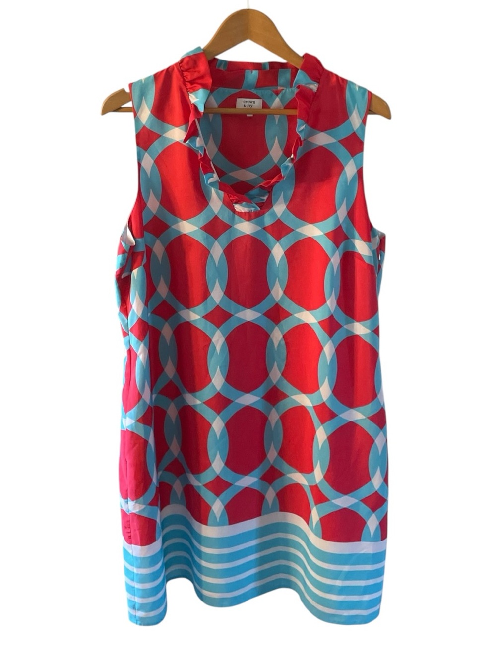 H9- Crown & Ivory Sleeveless Red & Blue Geometric Shift Dress